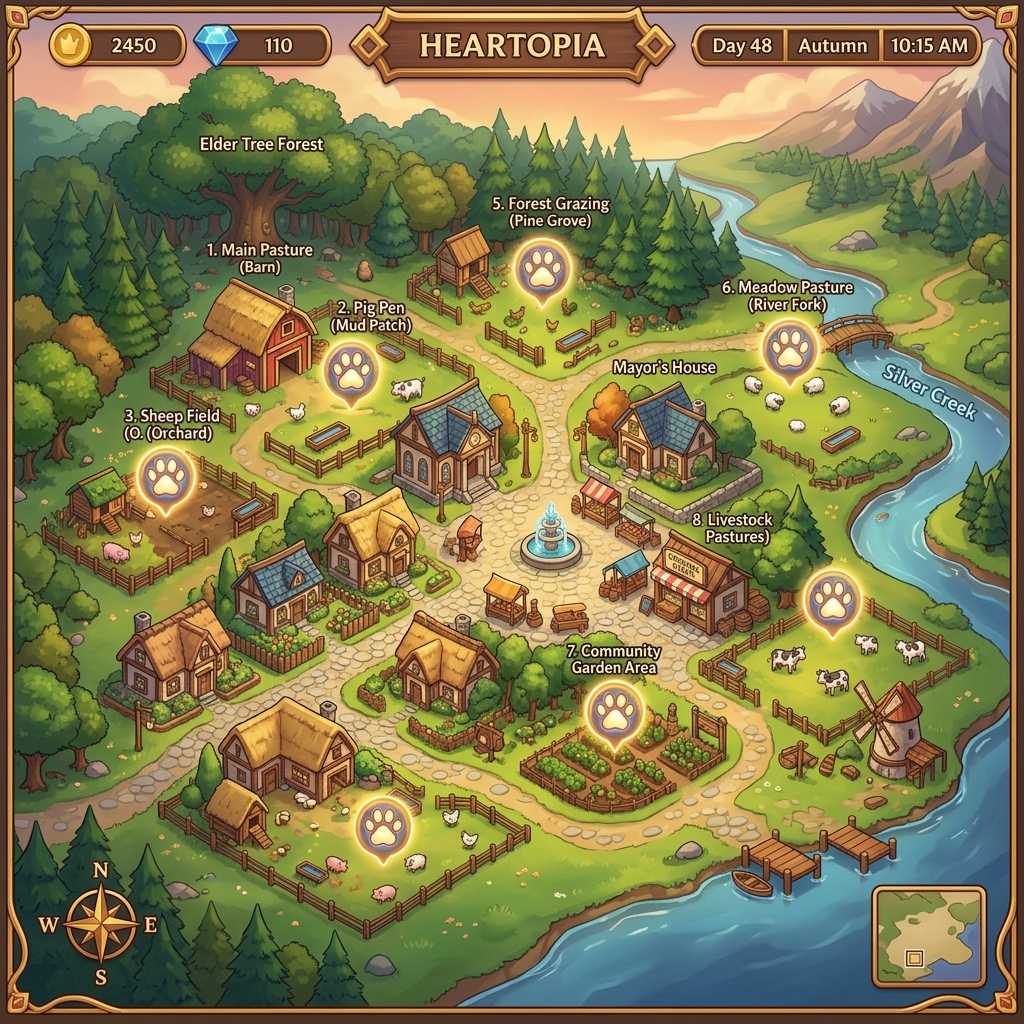 Heartopia Map showing all 8 animal trough locations